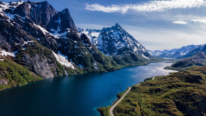 Desktop wallpaper norway, lofoten mountains, aerial view, river, nature 