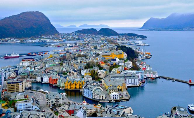 alesund, Norway, Fjord, Harbor, Mountains, Buildings, Panorama 