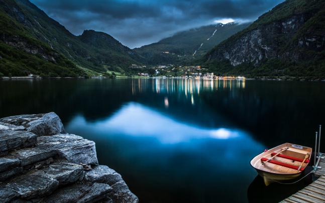 Norway, Mountain, Boat, Lake, Rock, Reflection, Overcast Wallpapers HD 