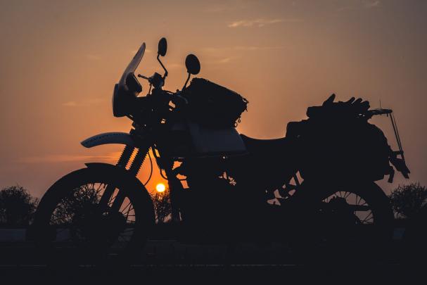 Wallpaper royal enfield himalayan, motorcycle, sunrise, road trip, ride 