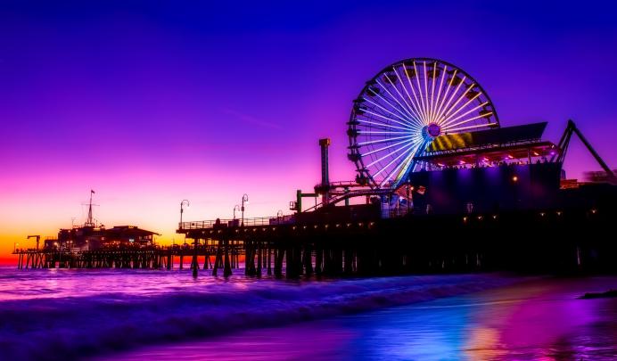 Santa Monica Ferris Wheel Colorful Golden Hour, HD Photography, 4k 