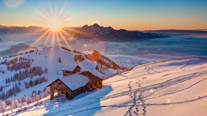 1920x1080 px Cabin mountain Rigi snow Switzerland High Quality 