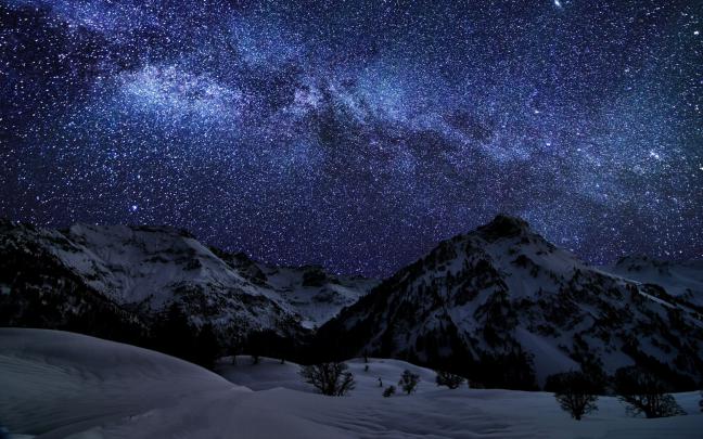 mountains, Landscapes, Nature, Winter, Snow, Night, Stars, Galaxies 