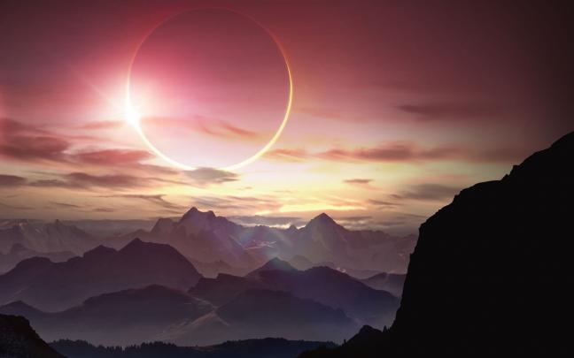 eclipse, Solar Eclipse, Artwork, Fantasy Art, Mountain, Landscape, Sun 