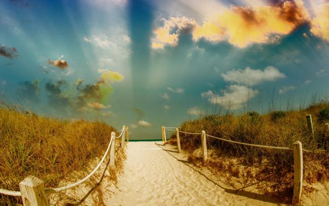 beach, Path, Trail, Mood, Sea, Ocean, Sand, Fence, Sky, Clouds, Nature 