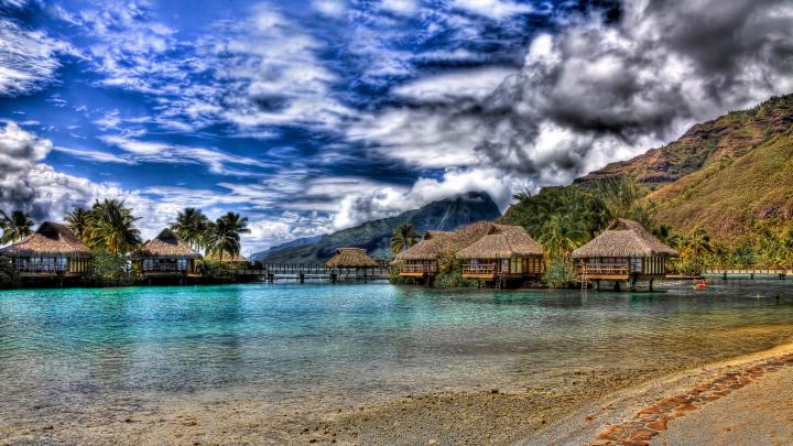 Tahiti Houses On Wooden Pillars,sea Blue Sky And White Cloudsi Hd 