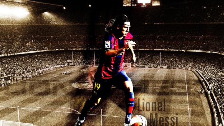 Download Wallpaper 1920x1080 lionel messi, ball, stadium, field Full HD 