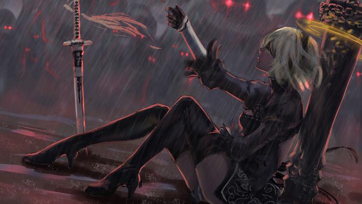 women, 2B (Nier: Automata), white hair, thighs, Nier: Automata, video 