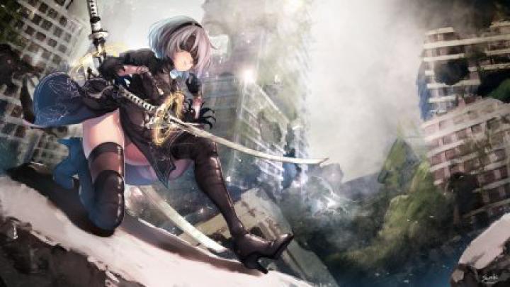 2B (Nier: Automata), katana, blindfold, Nier: Automata, NieR 