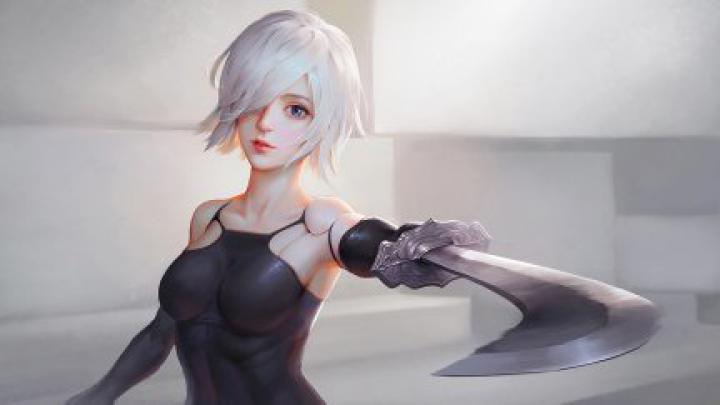 women, white hair, blue eyes, looking at viewer, Nier: Automata, A2 