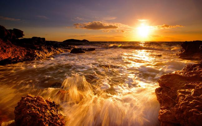Sunset Sea Coast Rock Band Orange Sky Hd Desktop Wallpaper 