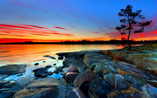 Sunset Rocky Shores The Sky With Red Cloud Sea Horizon Wallpaper Hd For 