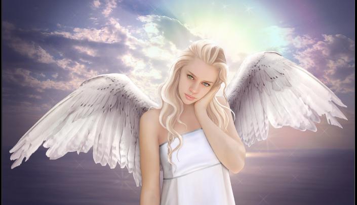 angel, Blonde, Girl, Sky, Sun, Clouds, Dress, Sea, Wings Wallpapers HD 