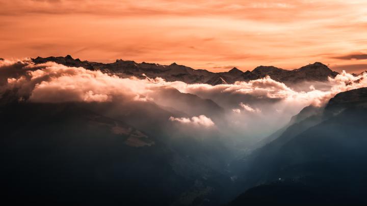 1920x1080 4k Fog Mountains Orange Sky Laptop Full HD 1080P HD 4k 