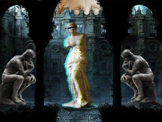Neon aesthetic the thinker sculpture architecture statue wallpaper 