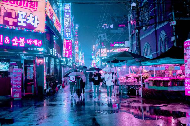 Neon Rain, man standing beside flower shop, city, market, umbrella 