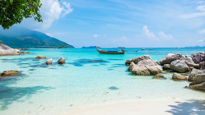 Download Wallpaper beach sea stones boat thailand ko lipe (1920x1080 