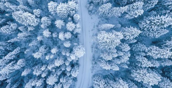 Desktop wallpaper snowfall, winter, aerial view, road, pine trees, hd 