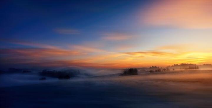 Desktop wallpaper winter, dawn, sunrise, sky, fog, hd image, picture 