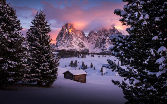 Download 1680x1050 wallpaper winter, cabin, landscape, nature, dawn 