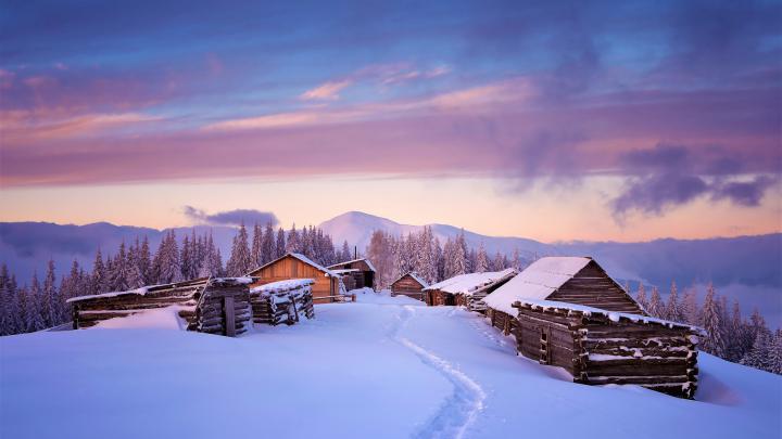 Download 2560x1440 wallpaper houses, winter, landscape, sunset, dual 