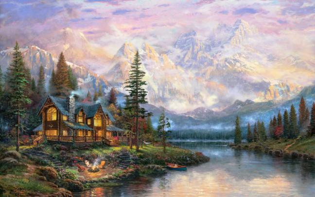 Beautiful painting, mountains, river, house, trees wallpaper | art and 