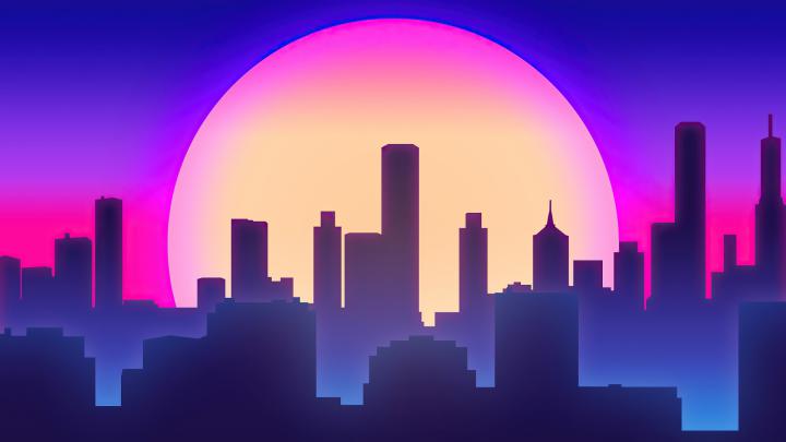Download 1920x1080 wallpaper city vibes, synthwave, big moon 