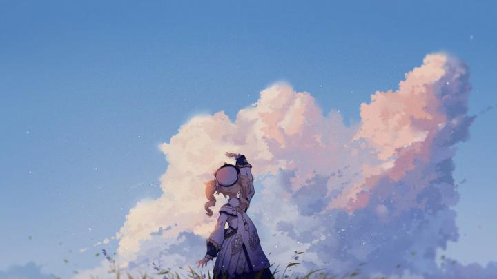 sky, anime girls, clouds, game characters, blond hair, Genshin Impact 