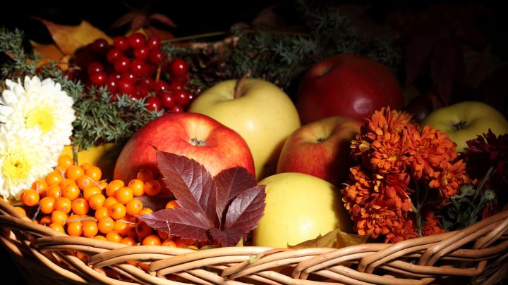 fruit, Still, Life, Apples, Berries, Berry, Nuts, Food, Leaves, Basket 