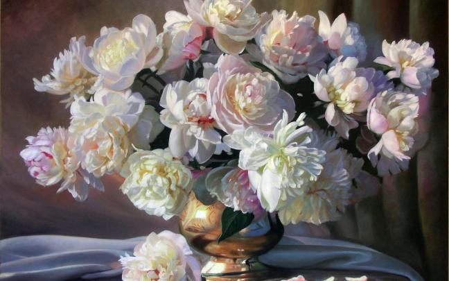 painting, Still, Life, Zbigniew, Kopania, Flowers, Peonies, White 