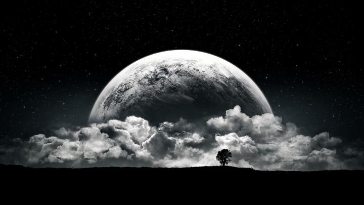 planet, Moon, Clouds, Stars, Night, Black, White Wallpapers HD 