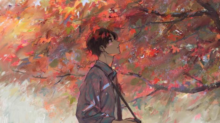 Download Anime boy, autumn, tree, artwork wallpaper, 1366x768, Tablet 