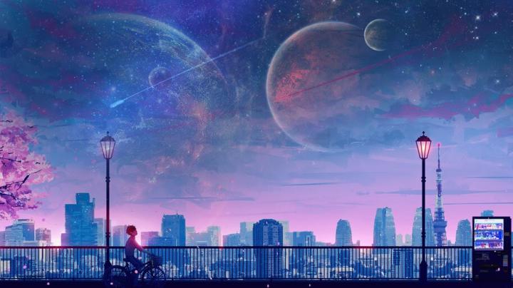 Anime, Boy, Riding, Bicycle, Moon, Night, City, Scenery, 4K, #6.1292 