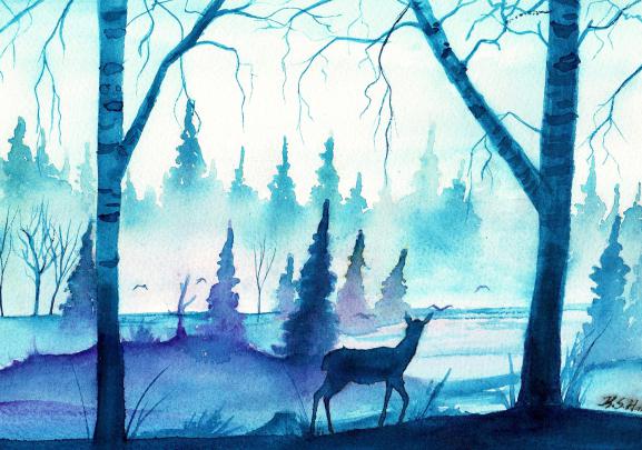 watercolor, Deer, Blue, Forest, Mist Wallpapers HD \/ Desktop and Mobile 