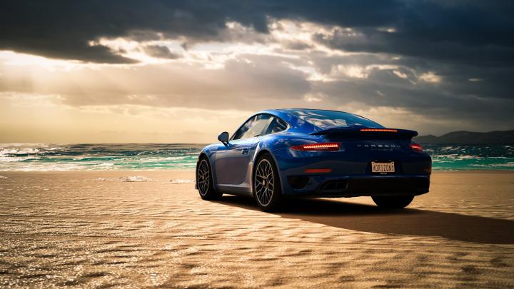 Desktop Wallpaper Porsche 911 Turbo At Beach, Blue, Sports Car, Hd 