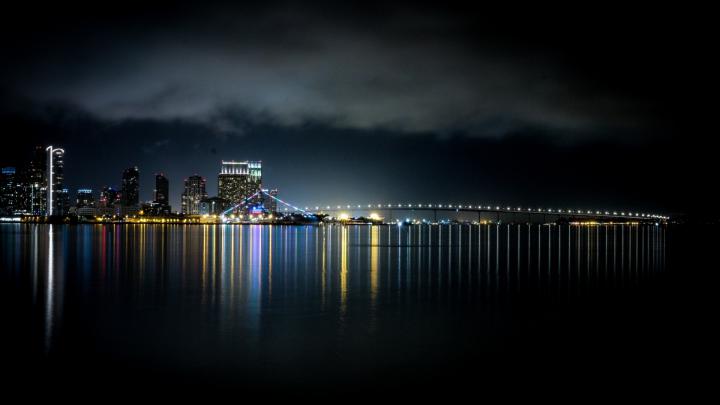 Download 1920x1080 wallpaper night, waterfront, bridge, lights, full hd 