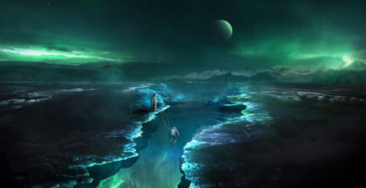 Desktop wallpaper abyss, astronaut, northern lights, fall, fantasy, art 