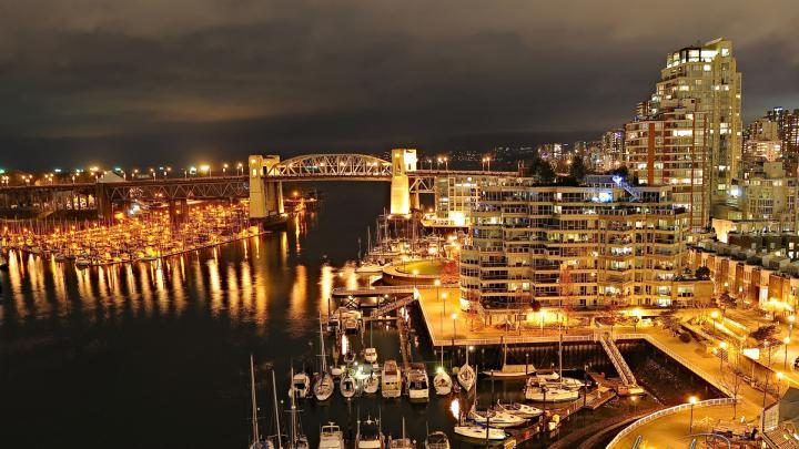 Download Wallpaper 1920x1080 city, lights, vancouver, night, pier 
