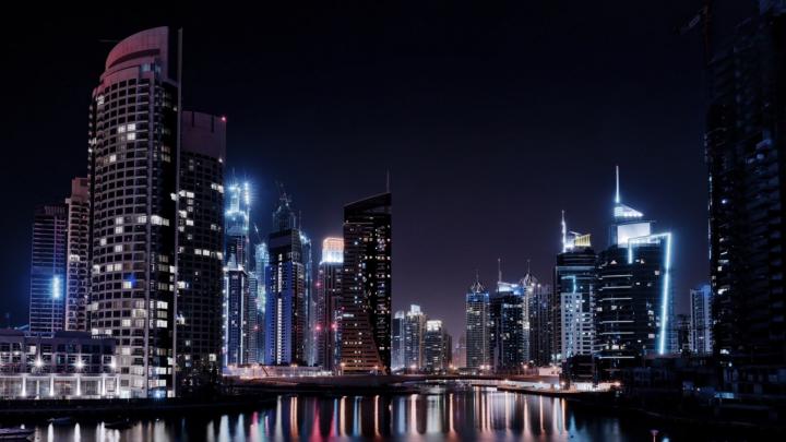 Download Wallpaper 1920x1080 dubai, city, lights, river, night Full HD 
