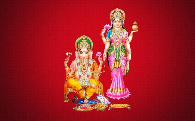 Mata Laxmi With Ganesh Red Background Hd Desktop Wallpaper 1920x1200 