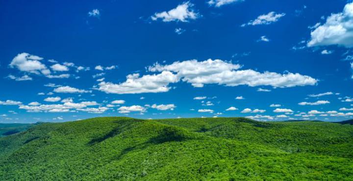 Desktop wallpaper hills, landscape, white clouds, sunny sky, hd image 
