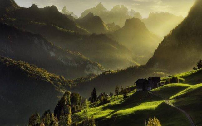 mountains, Hills, Sun Rays, Nature, Landscape, Photography, House 