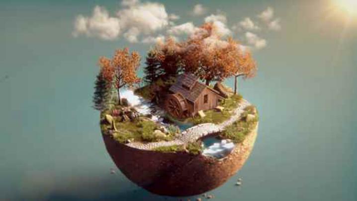 3D Fantasy World Wooden House Water Spinner - Live Desktop Wallpapers
