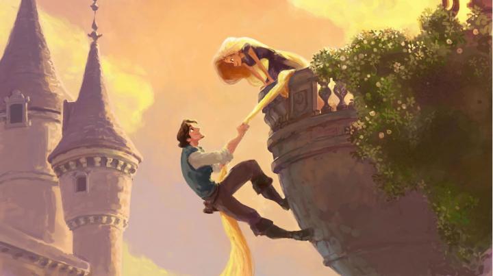 Flynn Climbing Rapunzel\u2019s Hair from Disney\u2019s Tangled Desktop Wallpaper