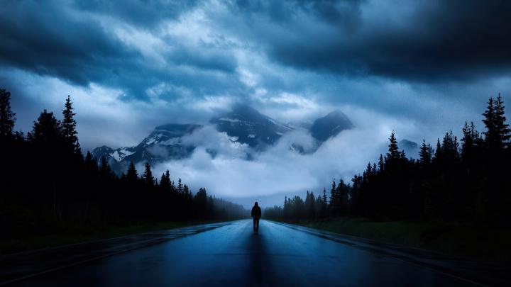 Download 1920x1080 wallpaper walking alone, road, mountains, silhouette 
