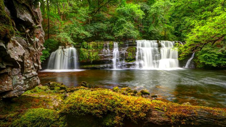 Nature Green Cascading Waterfall Hd Wallpaper For Desktop High Contrast 