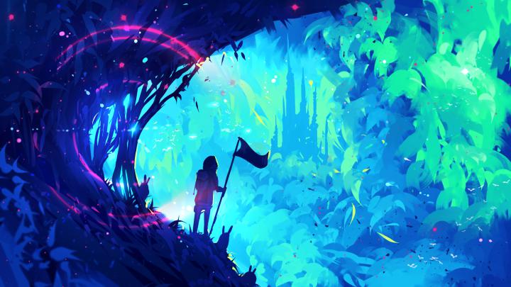Wallpaper : ryky, flag, castle, digital art, forest, birds, fantasy art 