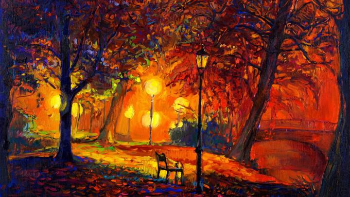 Wallpaper : 1920x1080 px, artwork, bench, digital art, fall, lamps 