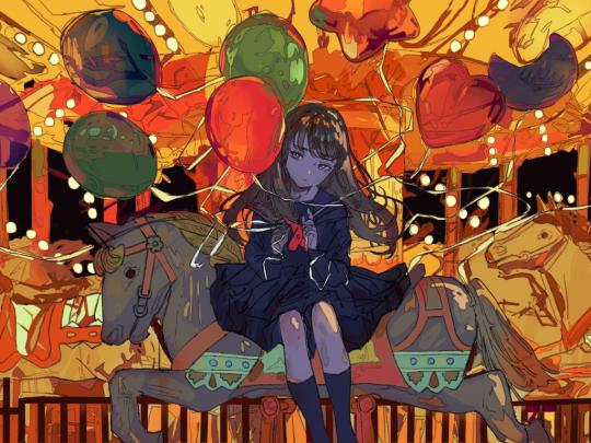 Desktop wallpaper ferris wheel, anime girl, balloons, art, hd image 