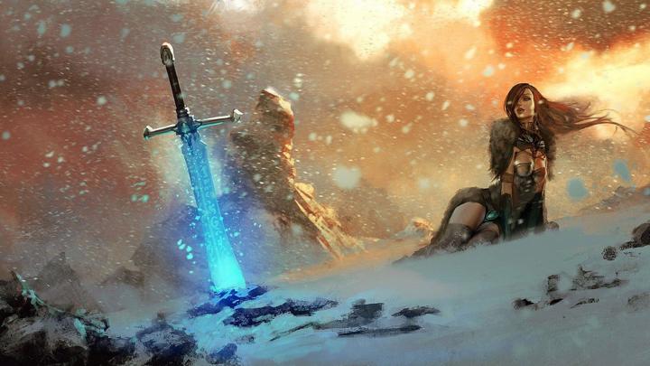 Women mountains snow storm fantasy art magic swords wallpaper 